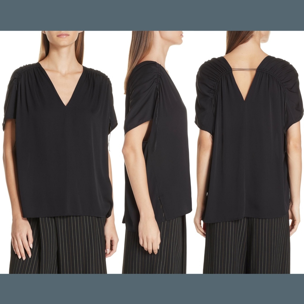 NEW $275 Vince Ruched Shoulder Stretch Silk Blouse in Black‎ [SZ XS ]